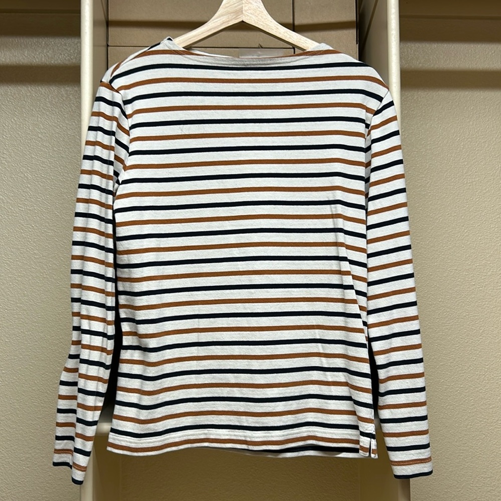 Muji Shirt Women Medium Brown Black Stripe 100% Cotton Bateau French breton